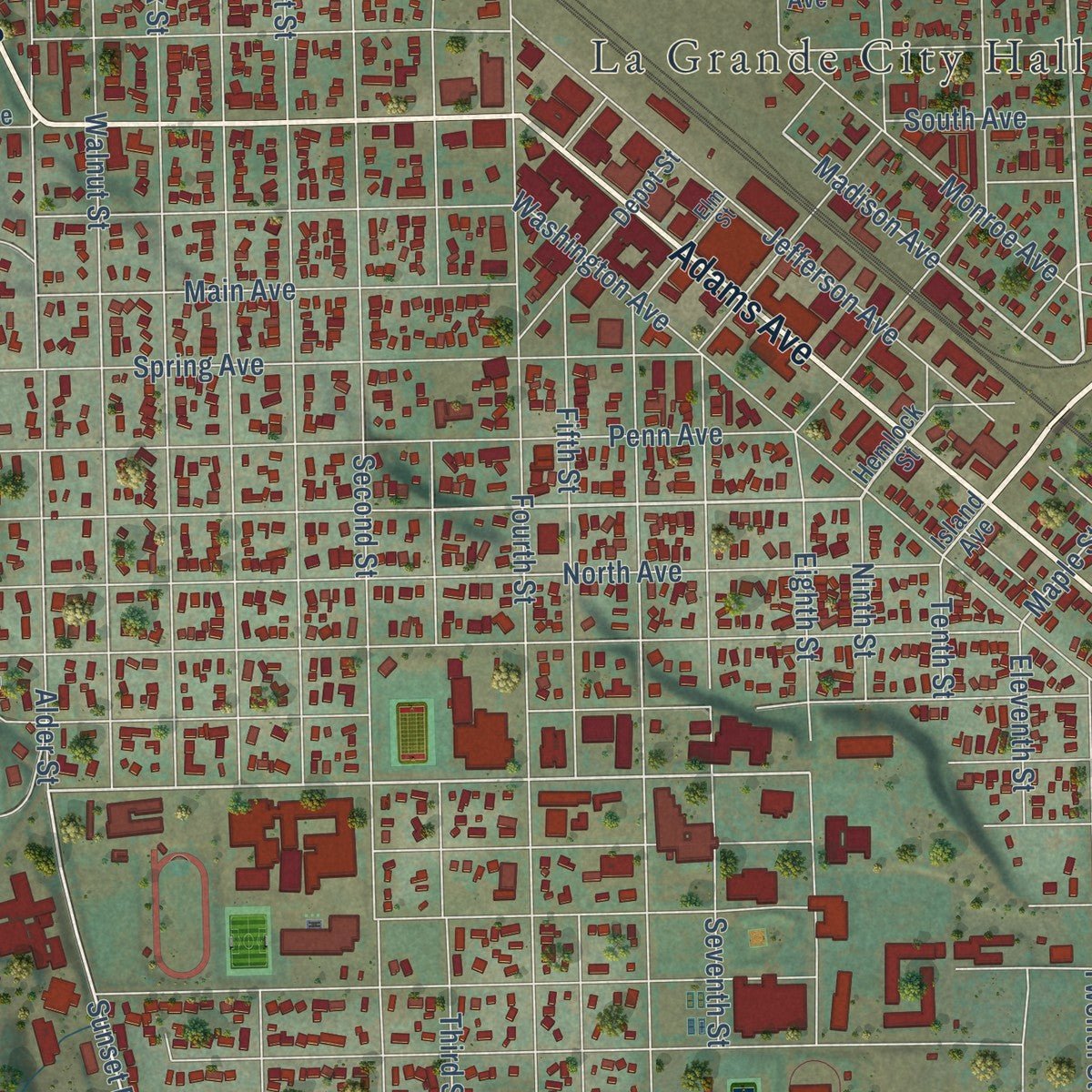 Close-up of the map of La Grande, Oregon print showing street and building detail