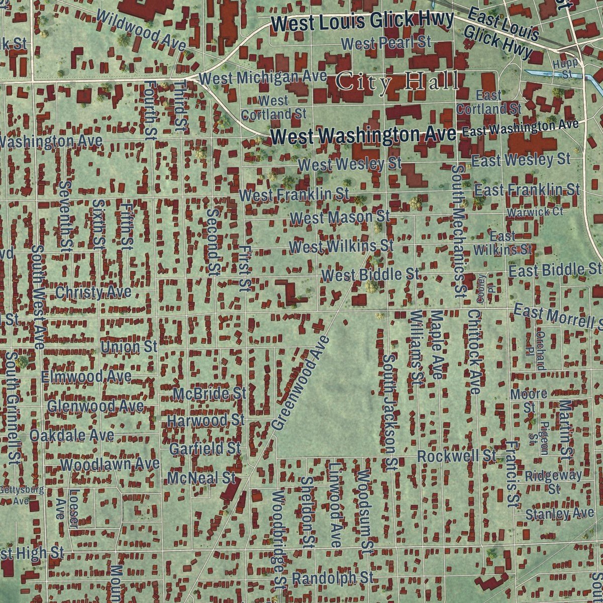 Close-up of the map of Jackson, Michigan print showing street and building detail