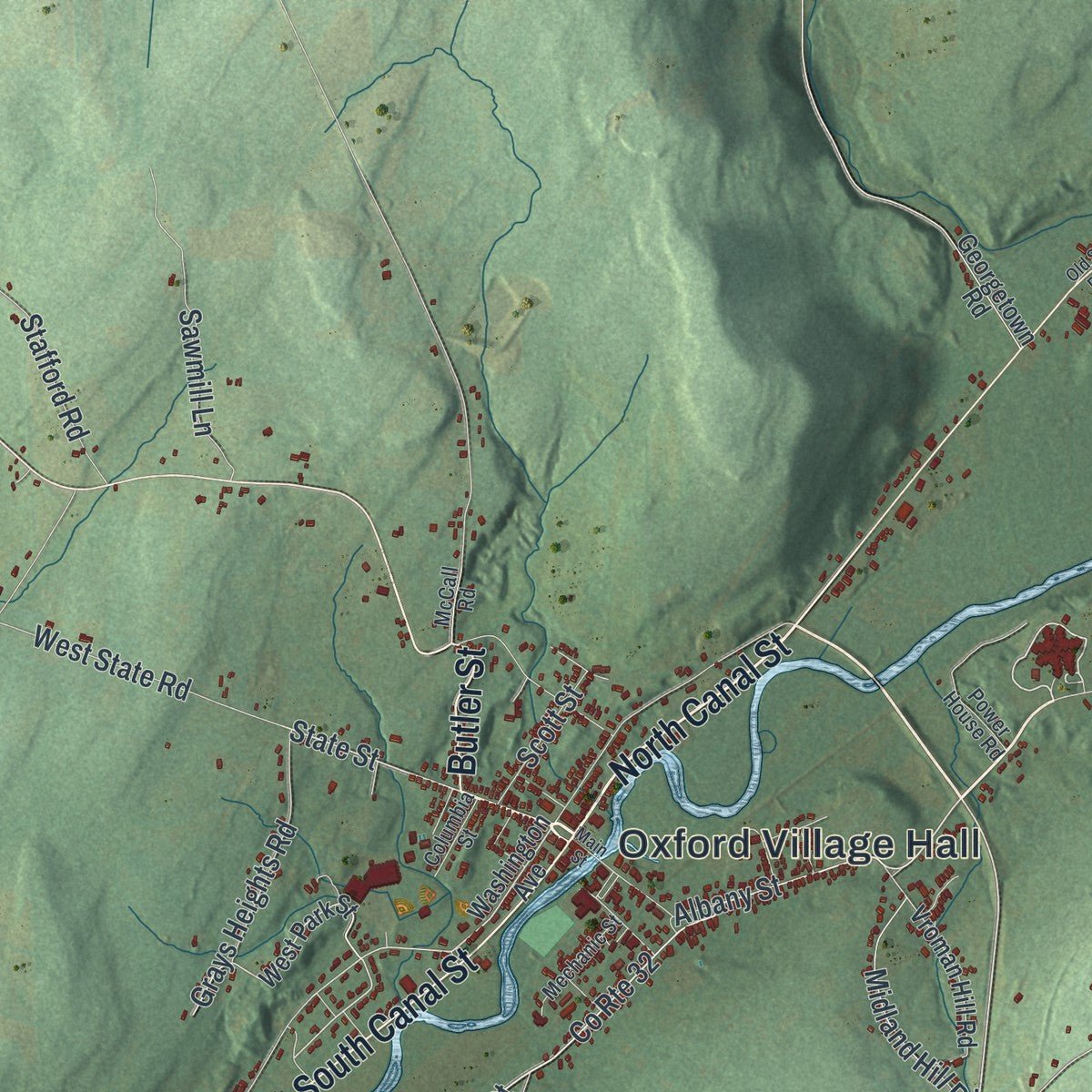 Close-up of the map of Oxford, New York print showing street and building detail