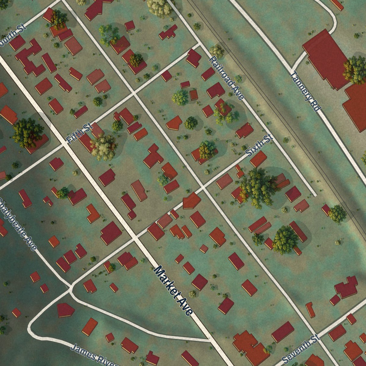 Close-up of the map of Iron Gate, Virginia print showing street and building detail