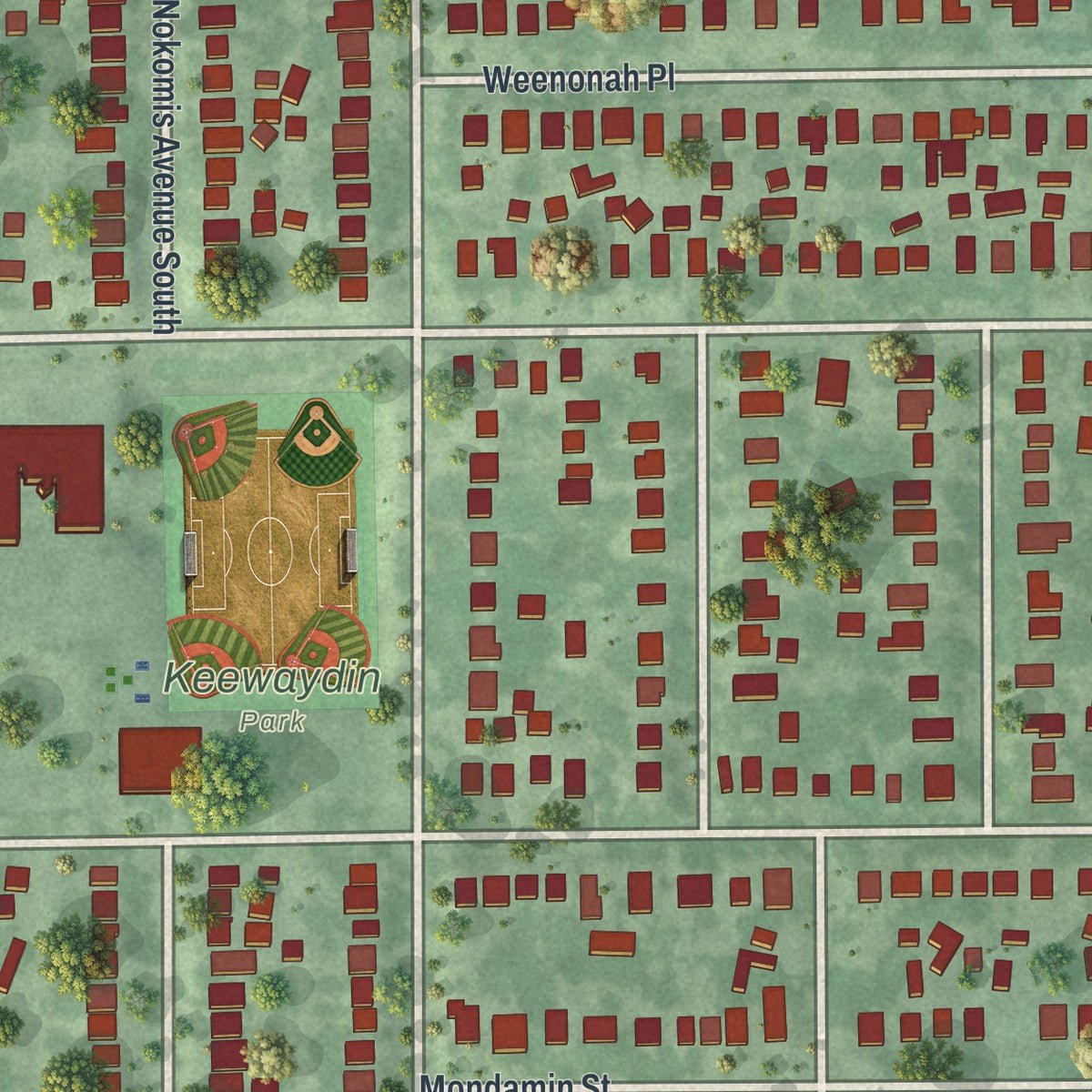 Close-up of the map of Keewaydin, Minnesota print showing street and building detail