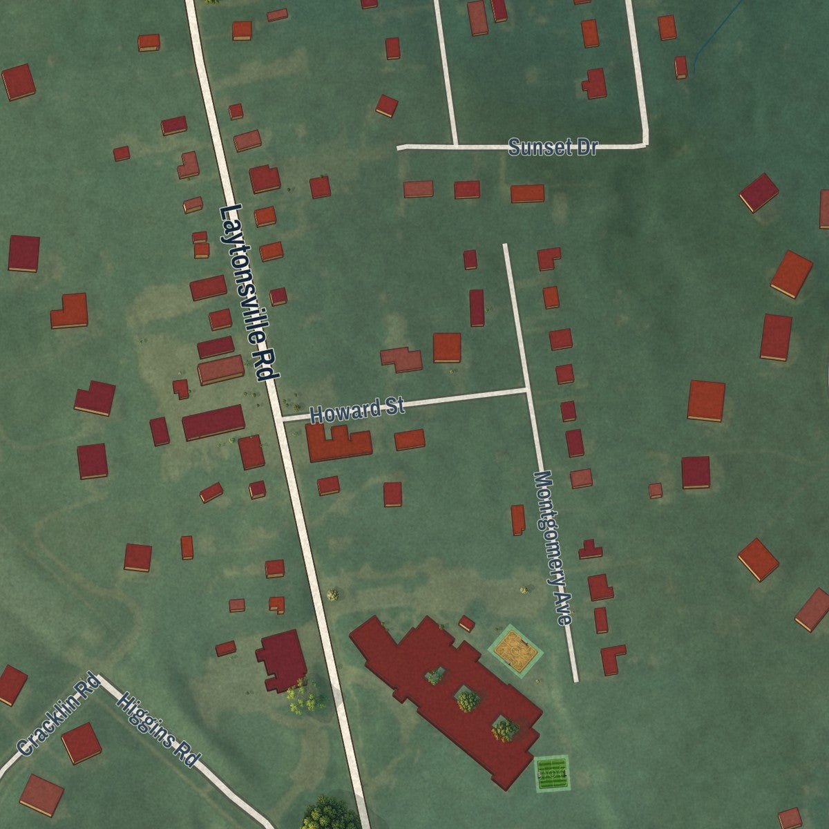 Close-up of the map of Laytonsville, Maryland print showing street and building detail
