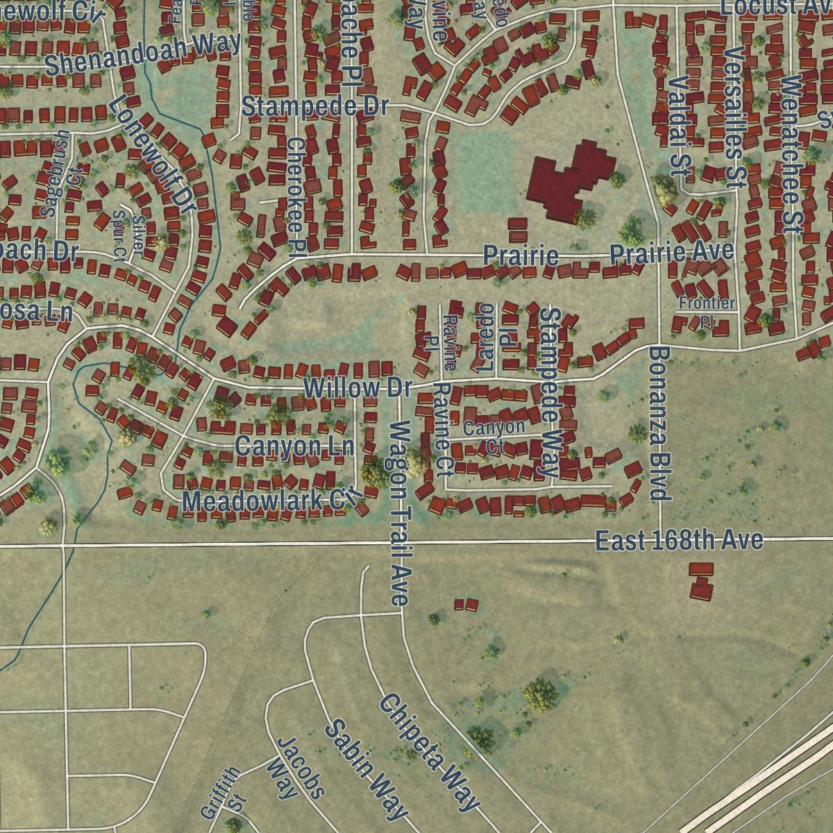 Close-up of the map of Lochbuie, Colorado print showing street and building detail
