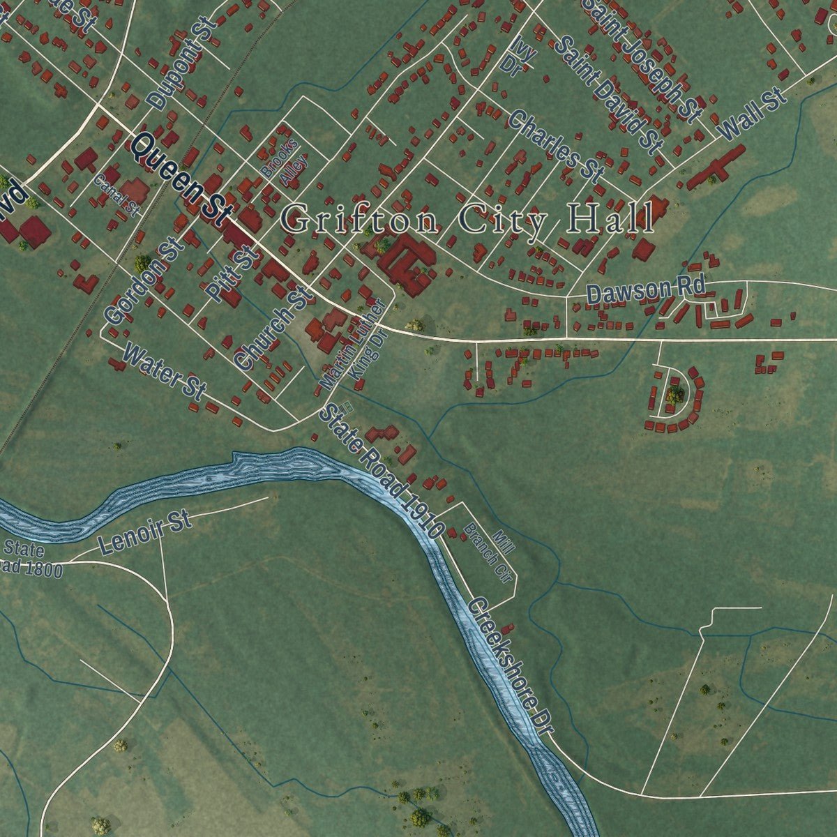 Close-up of the map of Grifton, North Carolina print showing street and building detail