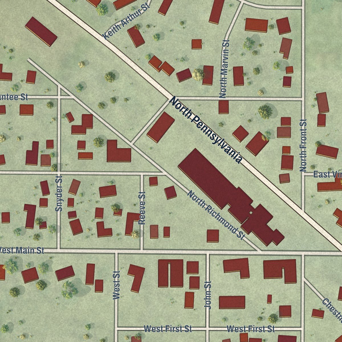 Close-up of the map of Sublette, Illinois print showing street and building detail
