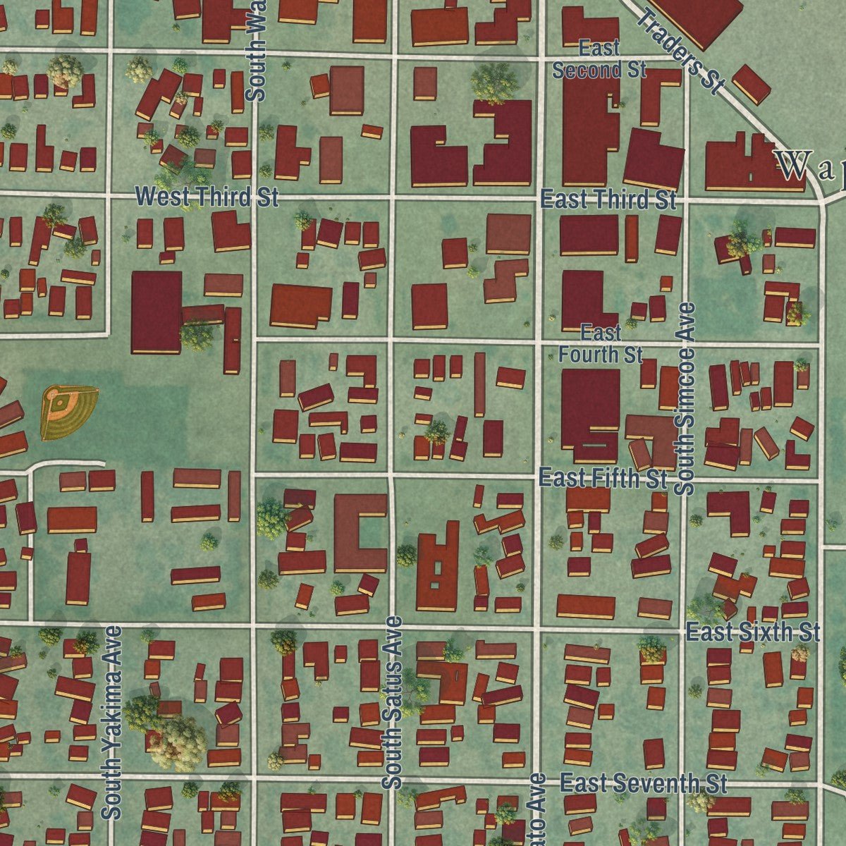 Close-up of the map of Wapato, Washington print showing street and building detail