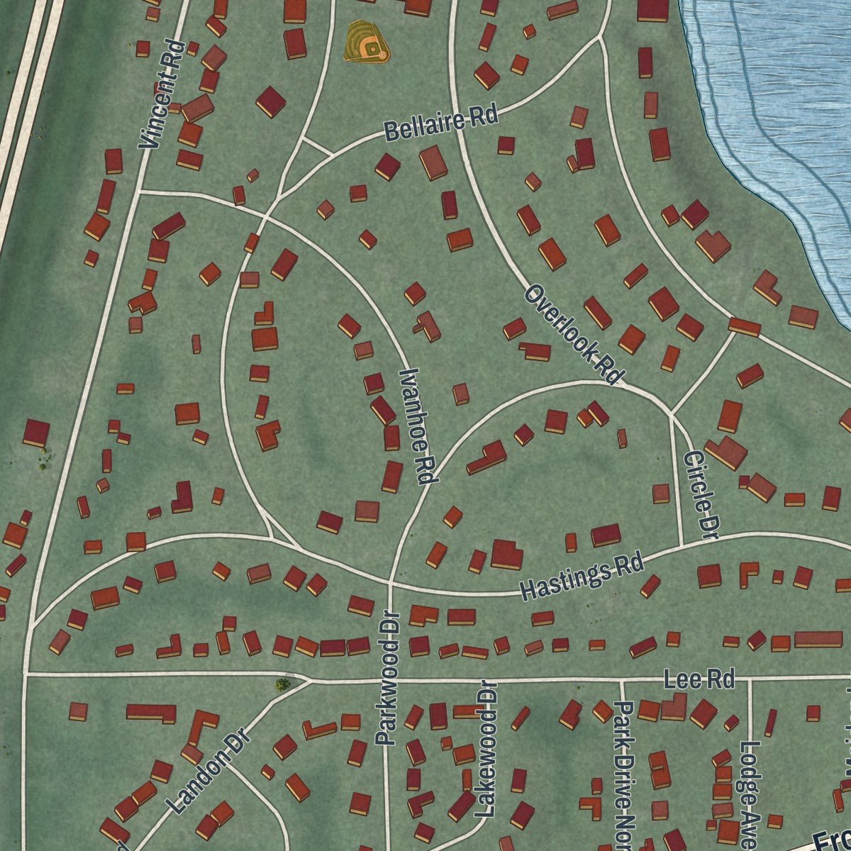 Close-up of the map of Silver Lake, Ohio print showing street and building detail