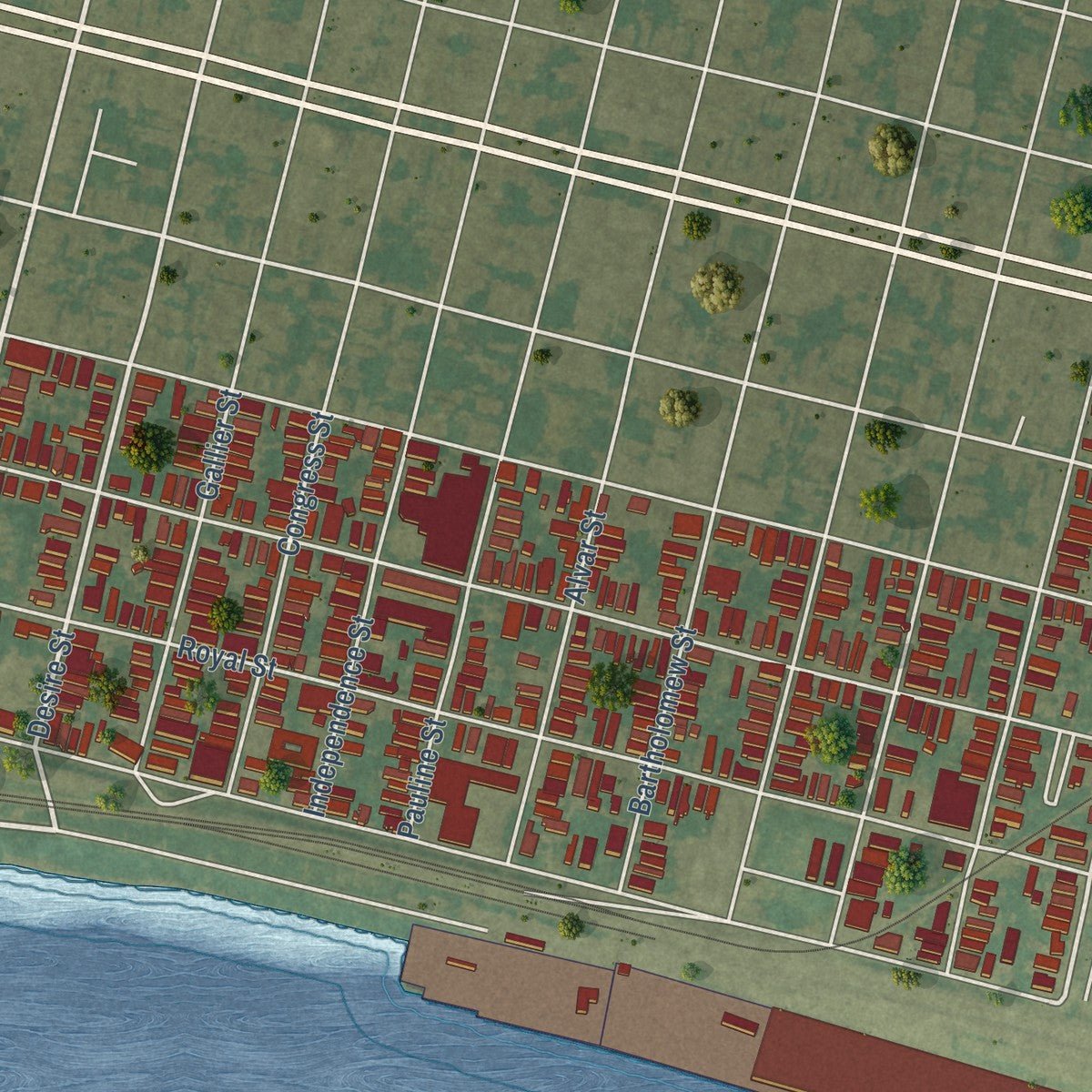 Close-up of the map of Bywater, Louisiana print showing street and building detail