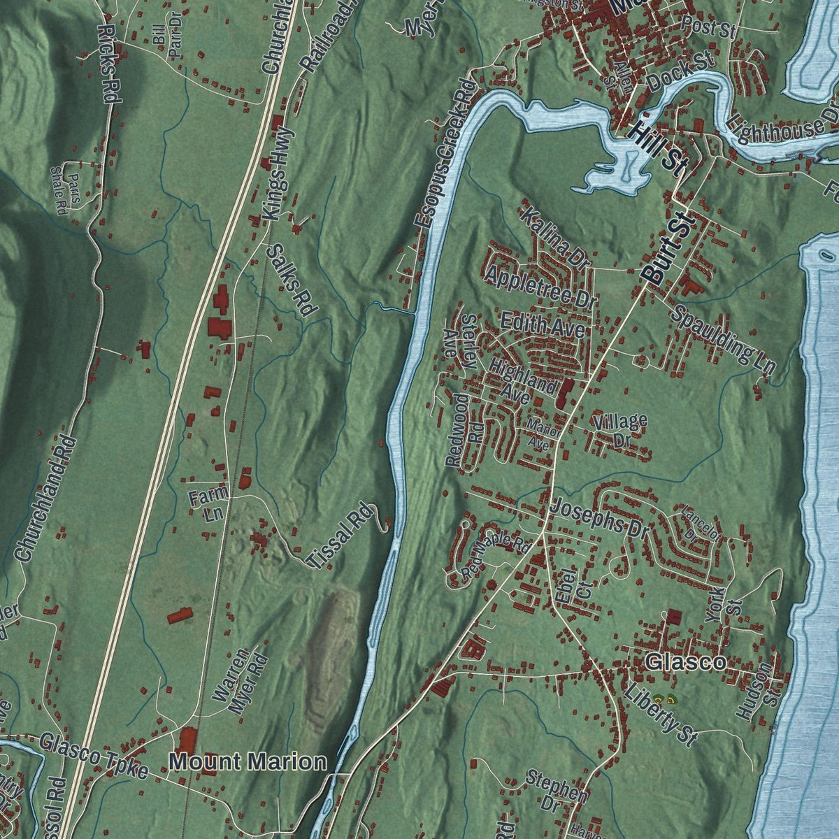 Close-up of the map of the Town of Saugerties, New York print showing street and building detail