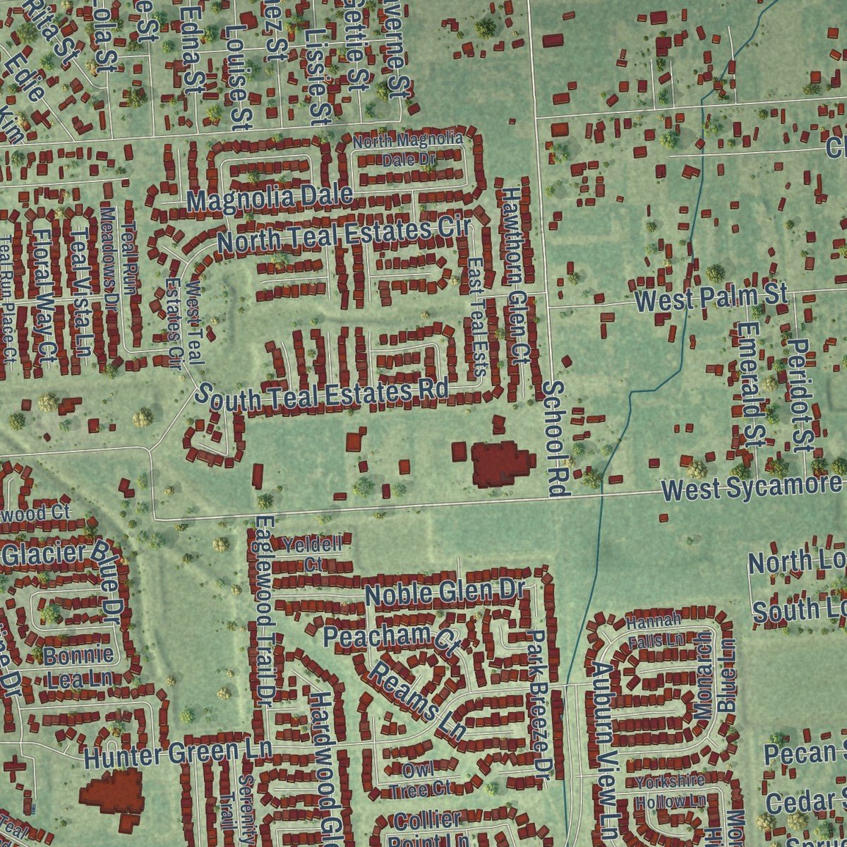 Close-up of the map of Fresno, Texas print showing street and building detail