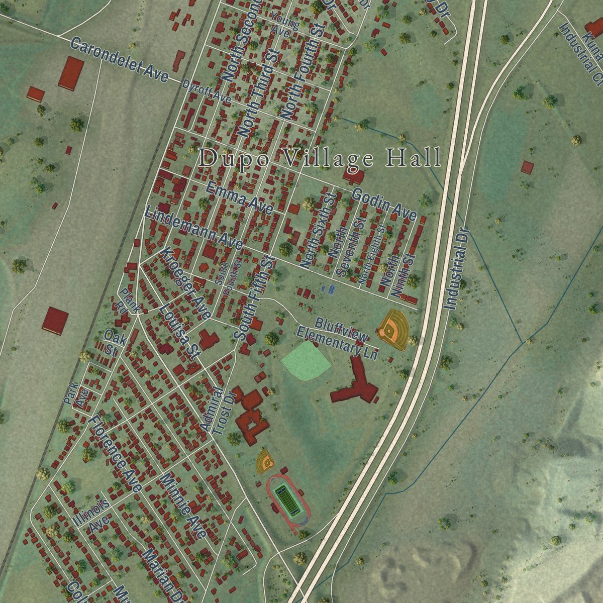 Close-up of the map of Dupo, Illinois print showing street and building detail