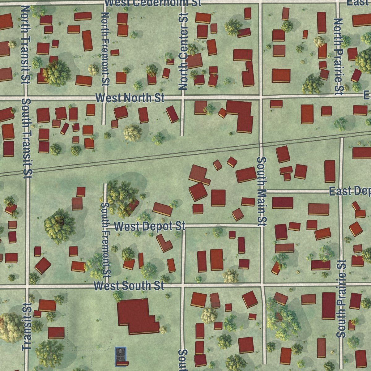 Close-up of the map of Creston, Illinois print showing street and building detail