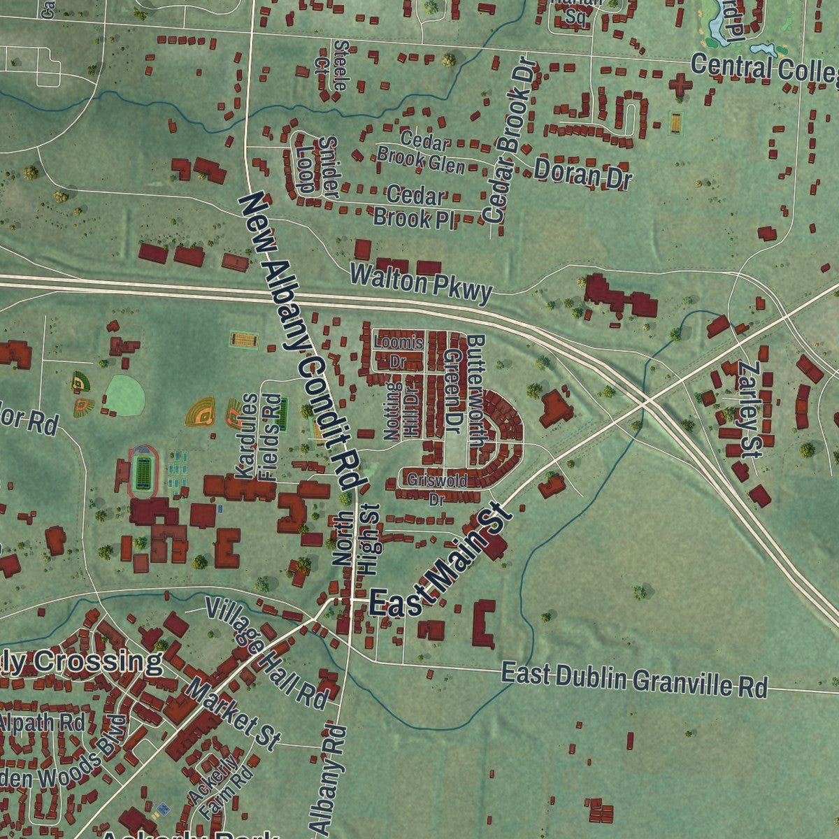 Close-up of the map of New Albany, Ohio print showing street and building detail