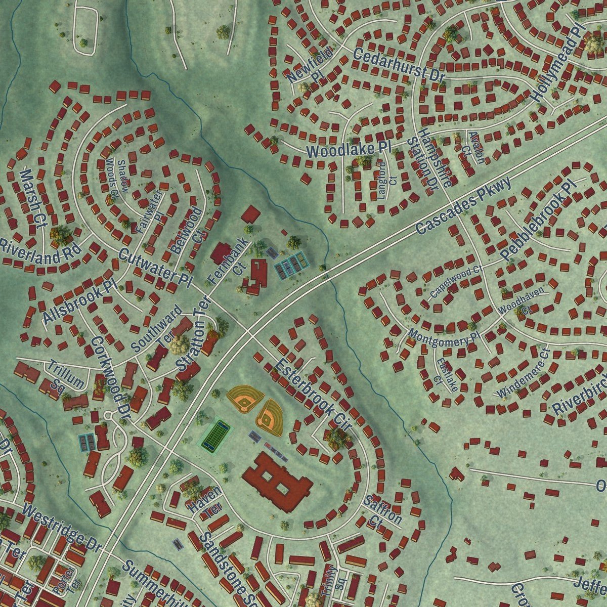 Close-up of the map of Cascades, Virginia print showing street and building detail