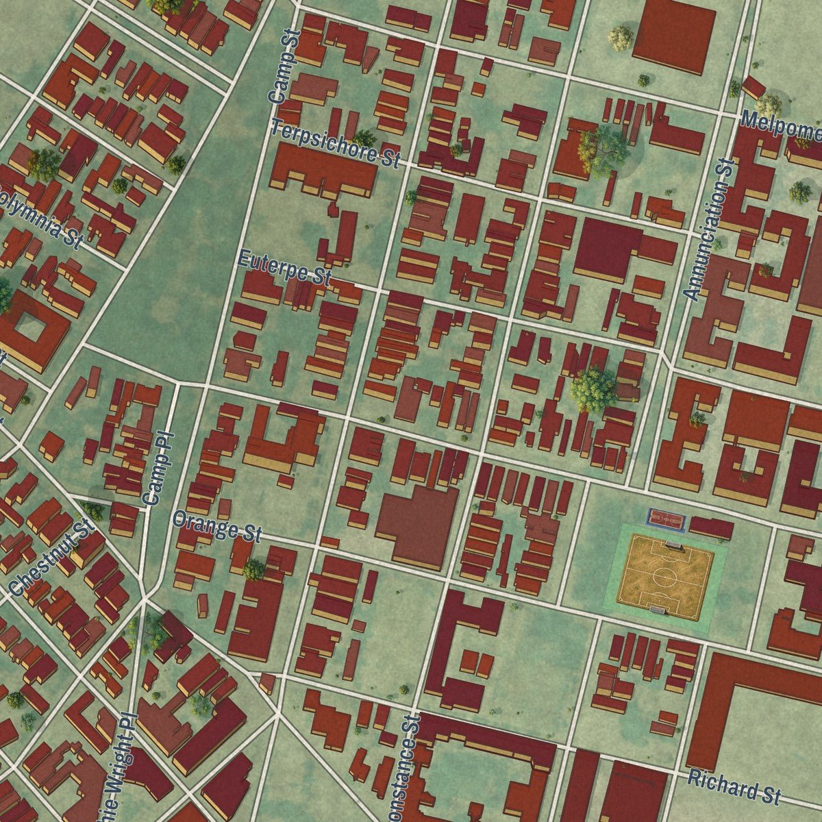 Close-up of the map of St. Thomas Area - Lower Garden District, Louisiana print showing street and building detail