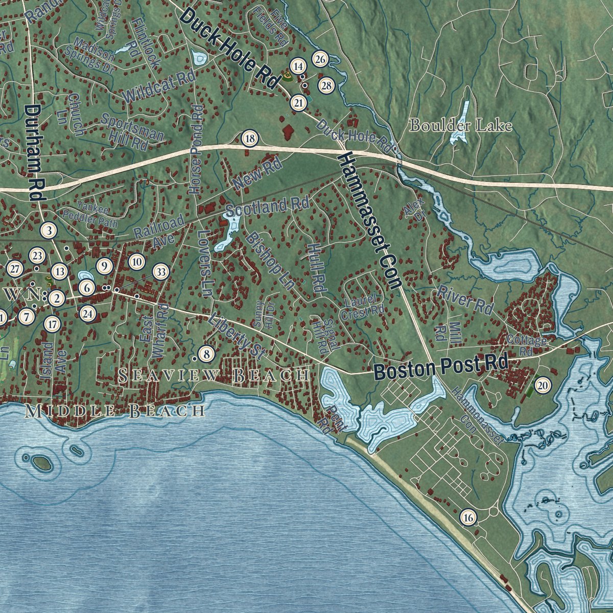 Close-up of the map of Madison, Connecticut print showing street and building detail