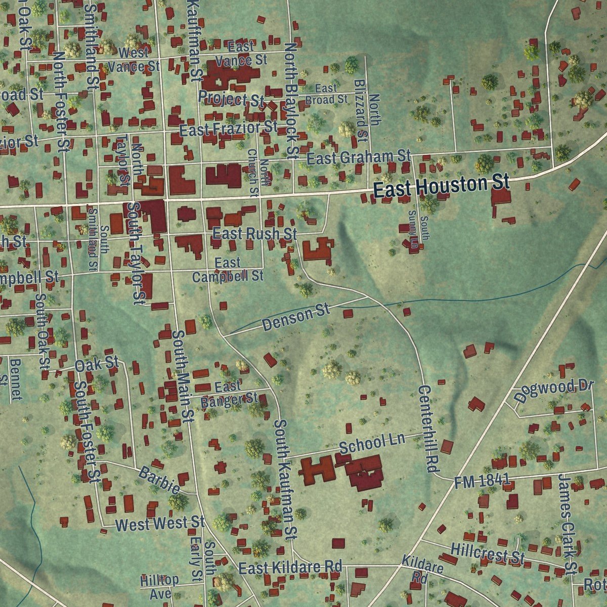 Close-up of the map of Linden, Texas print showing street and building detail