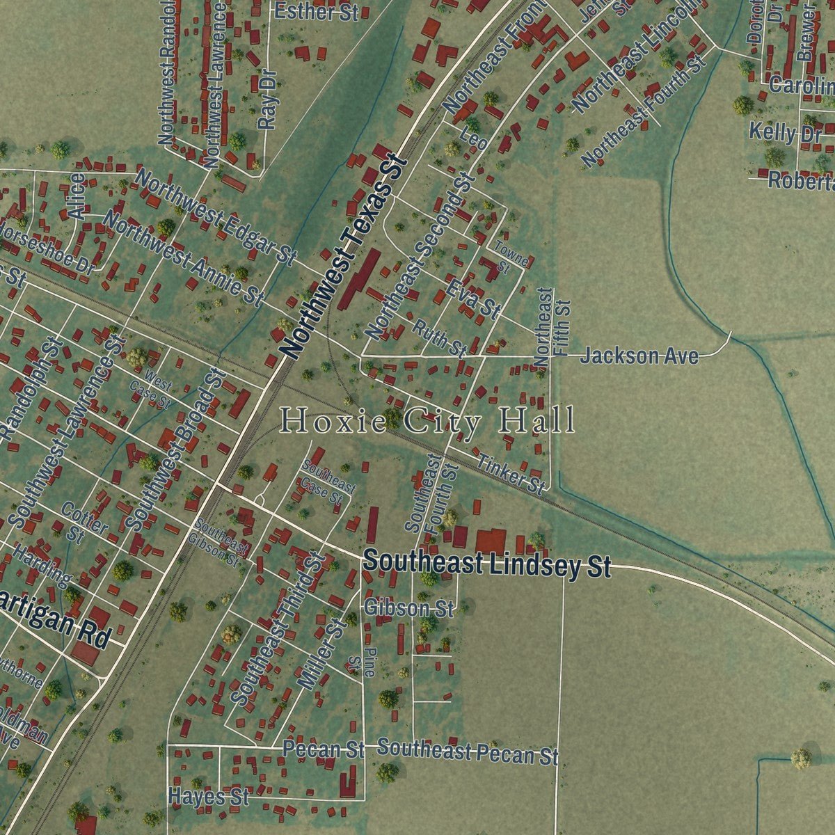Close-up of the map of Hoxie, Arkansas print showing street and building detail