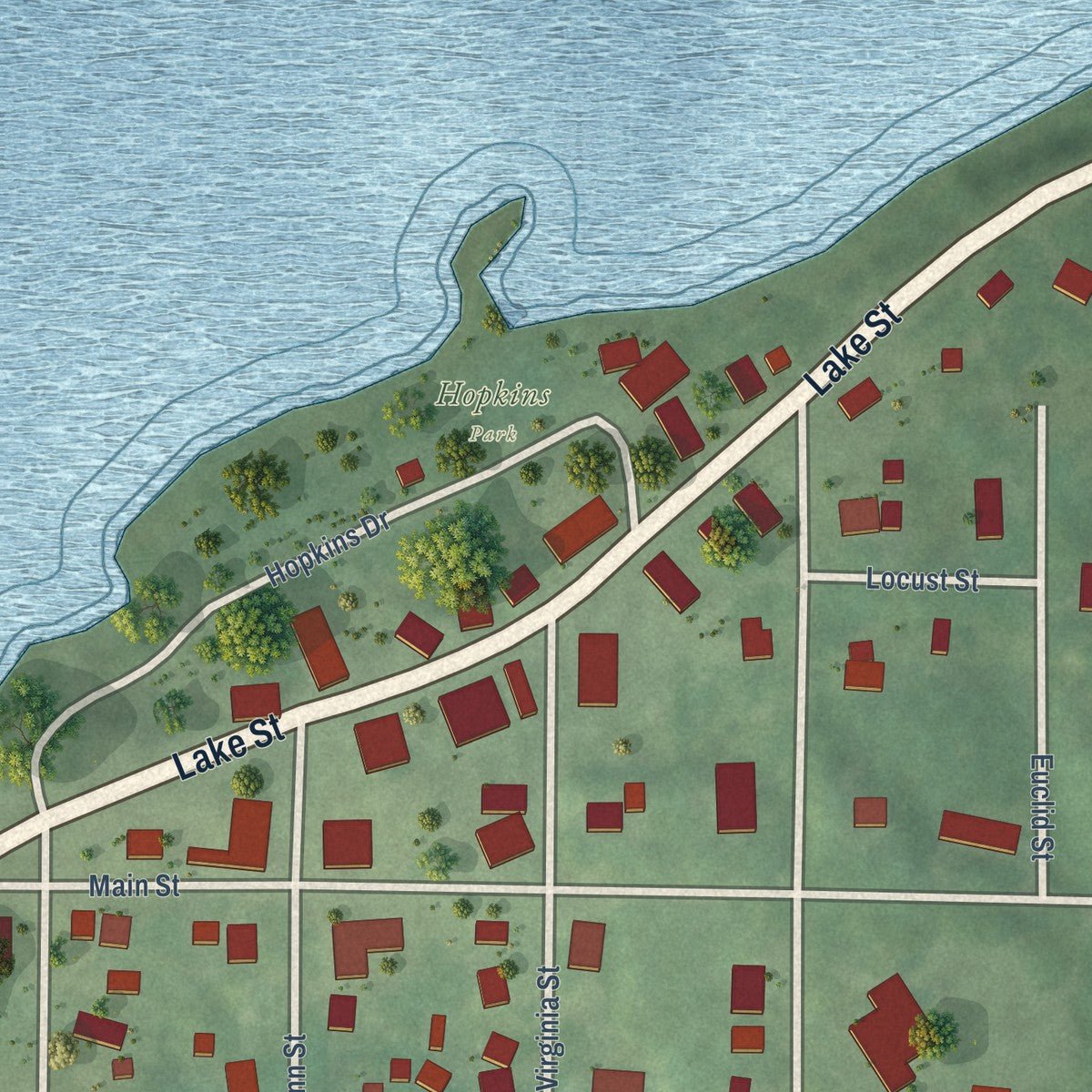 Close-up of the map of Bear Lake, Michigan print showing street and building detail