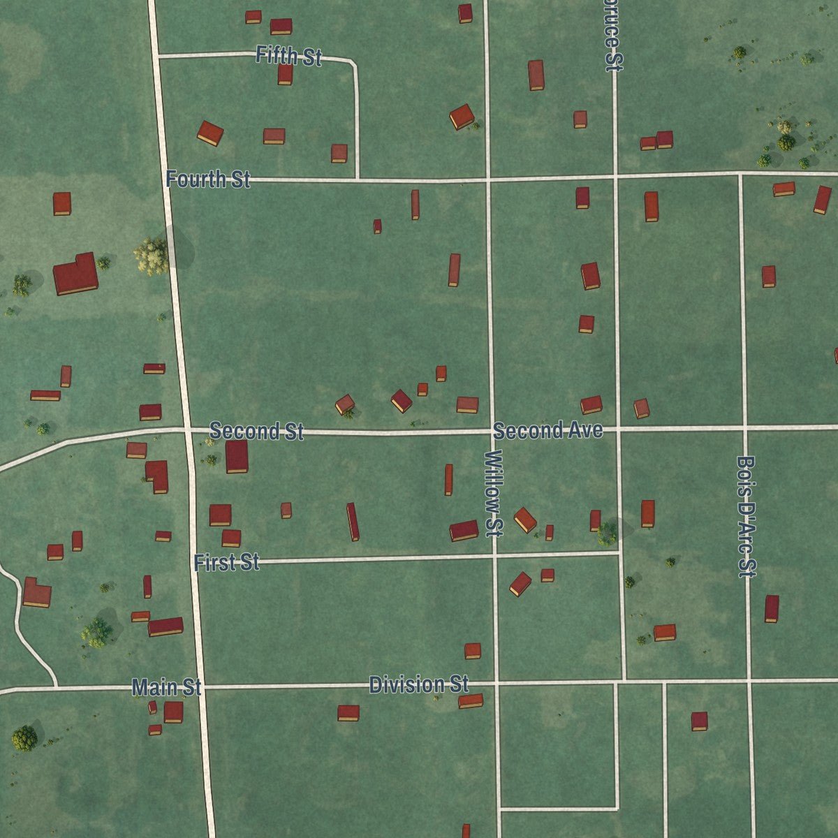 Close-up of the map of Lehigh, Oklahoma print showing street and building detail