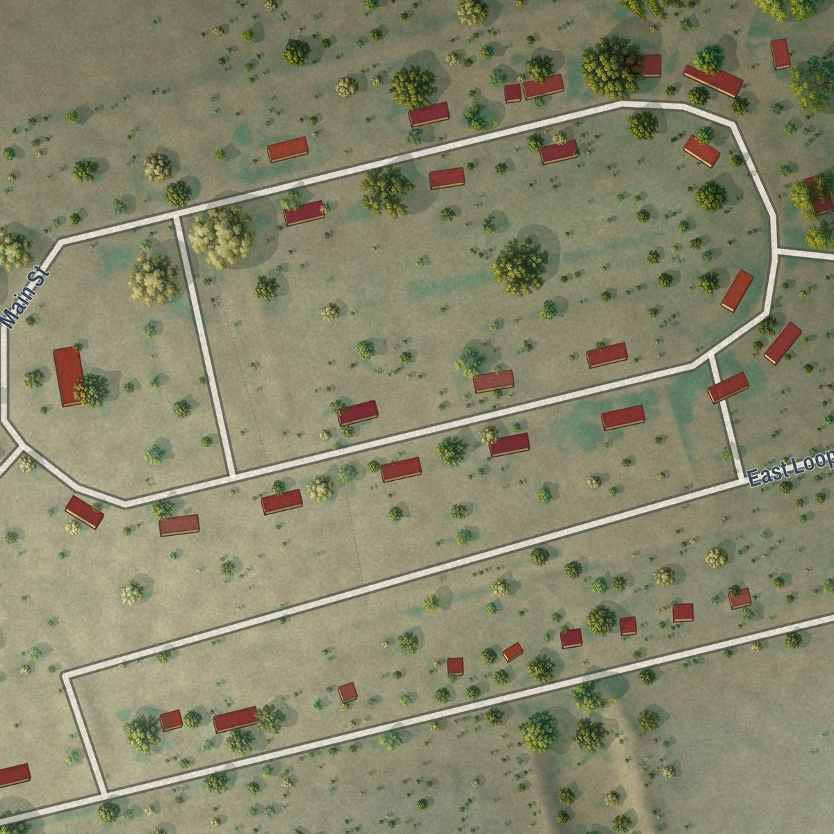 Close-up of the map of Los Ybanez, Texas print showing street and building detail