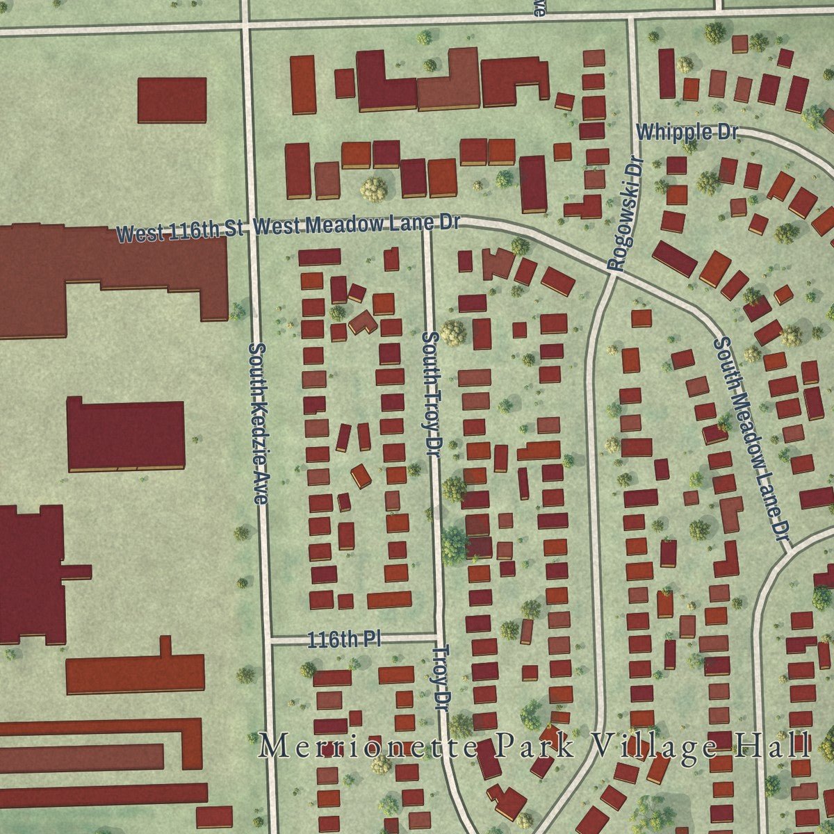 Close-up of the map of Merrionette Park, Illinois print showing street and building detail