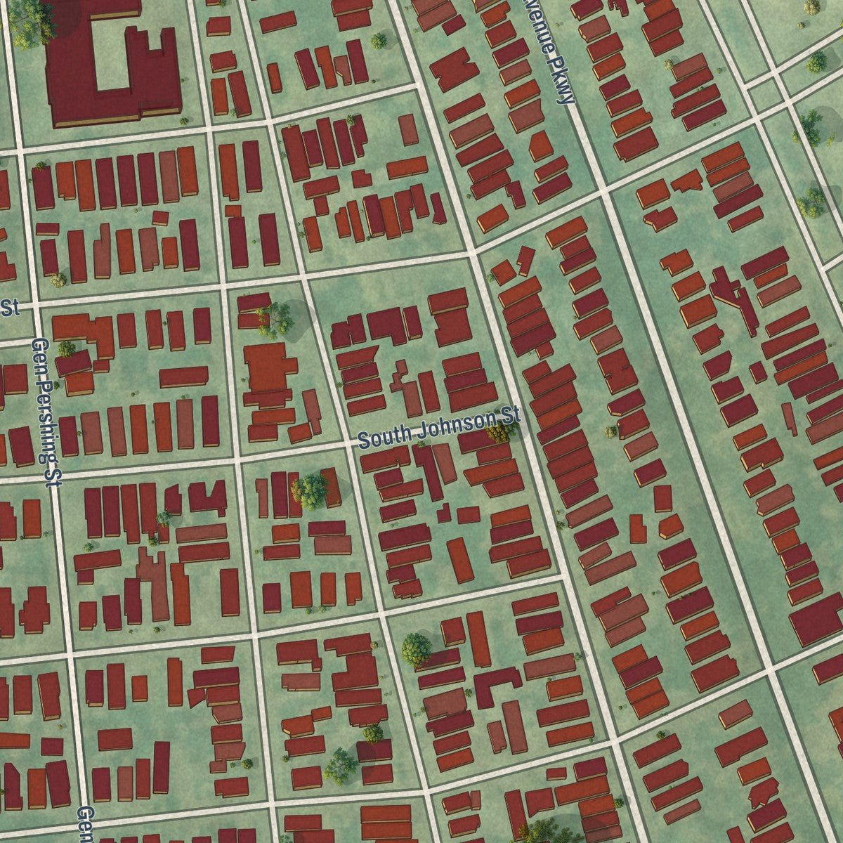 Close-up of the map of Broadmoor, Louisiana print showing street and building detail