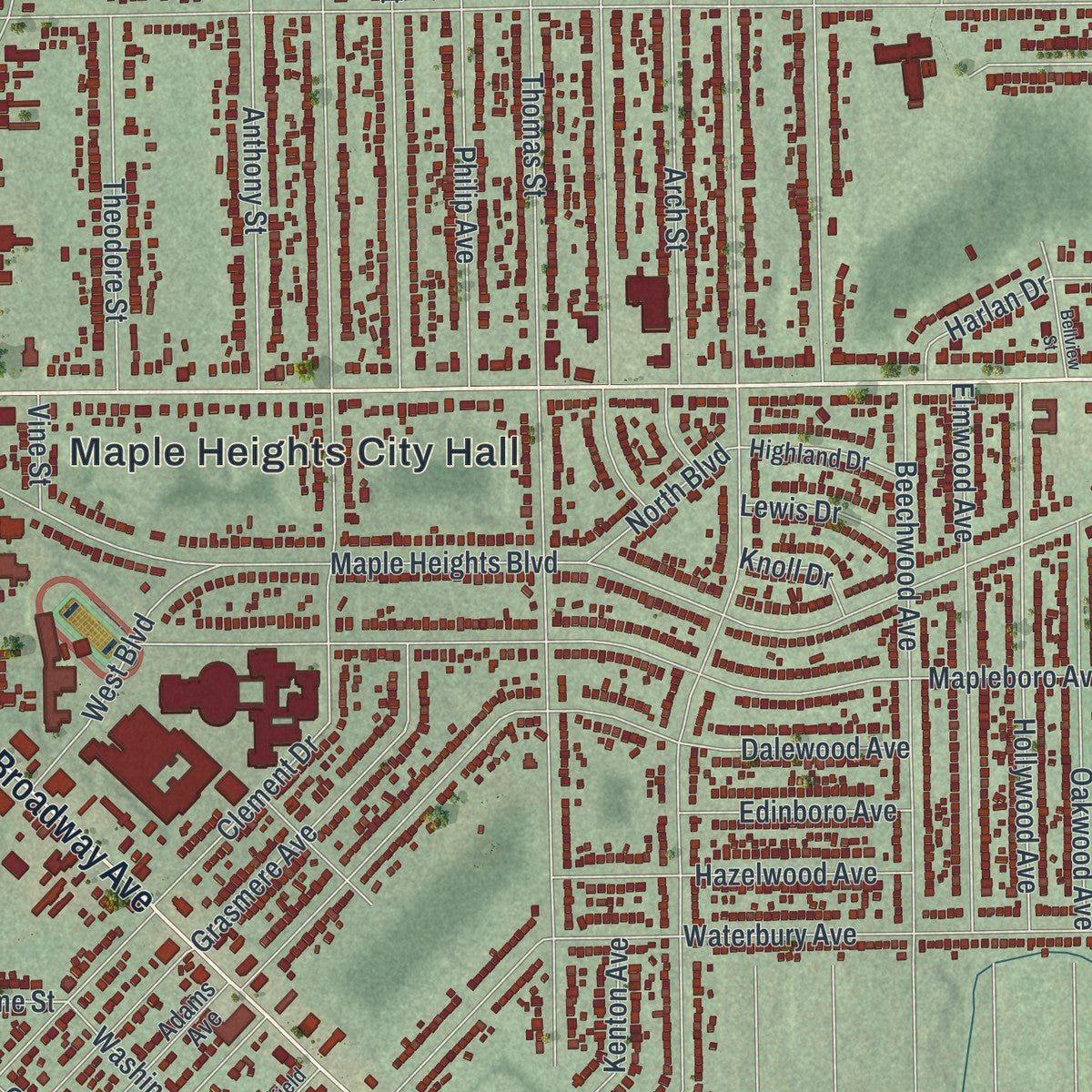 Close-up of the map of Maple Heights, Ohio print showing street and building detail