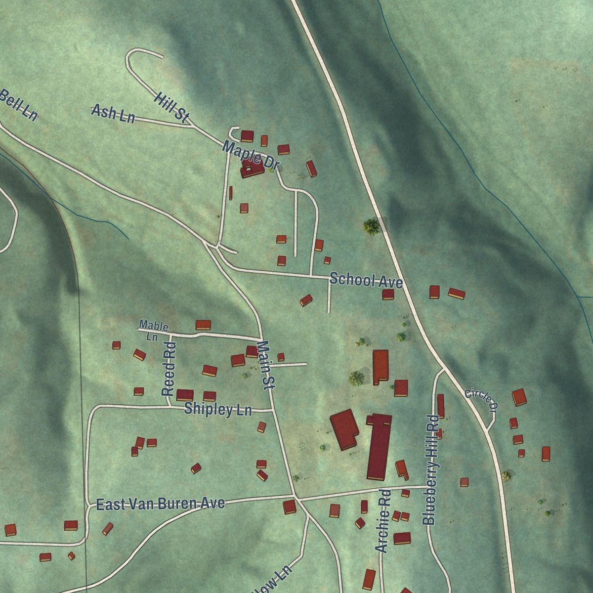 Close-up of the map of Winslow, Arkansas print showing street and building detail