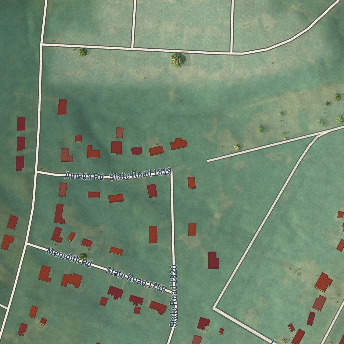 Close-up of the map of Bethania, North Carolina print showing street and building detail