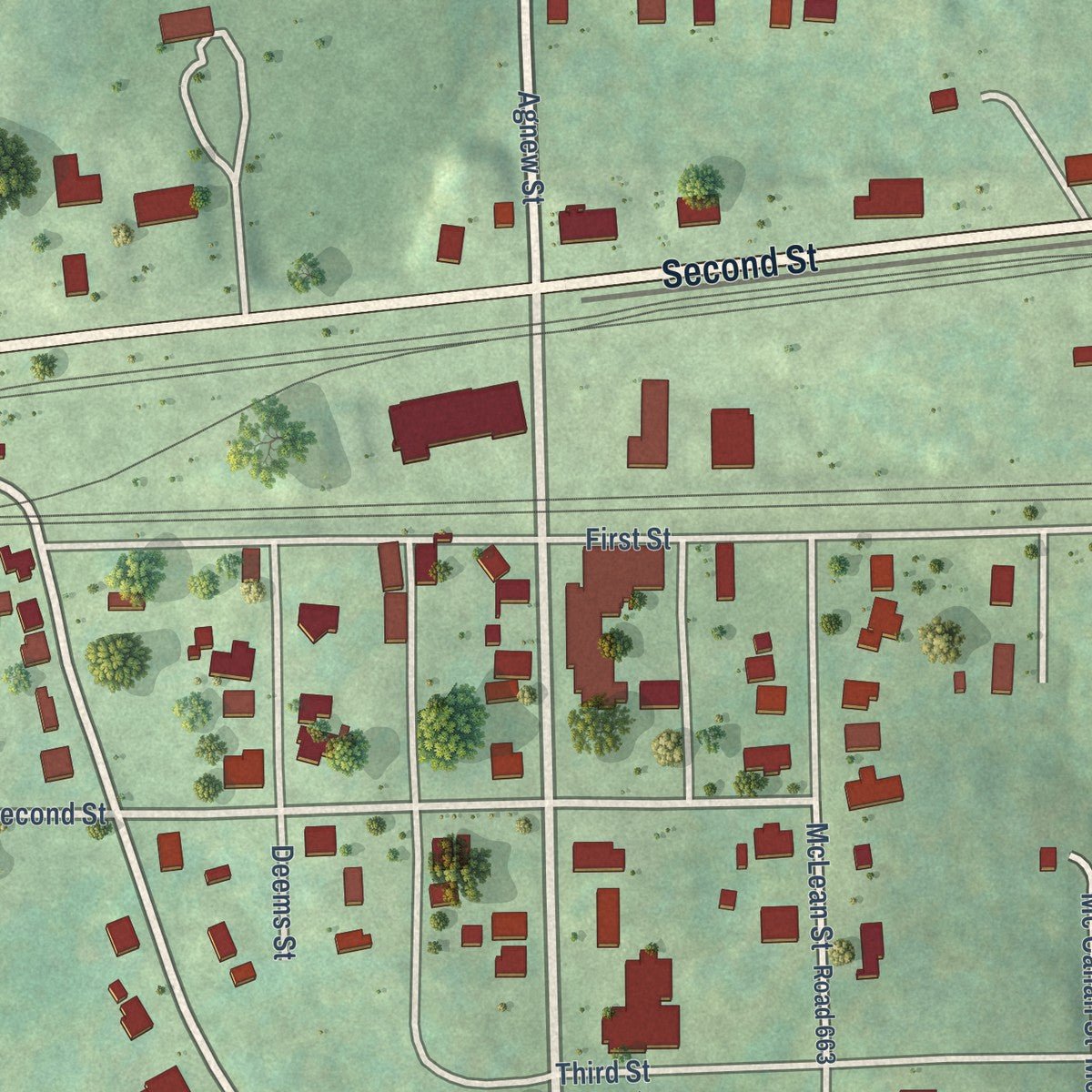 Close-up of the map of Burkeville, Virginia print showing street and building detail