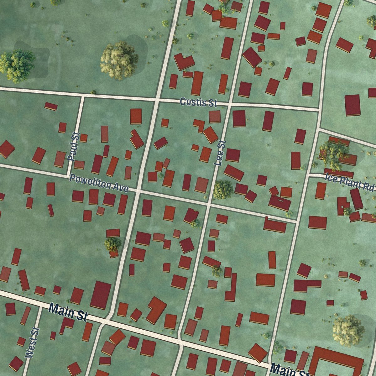Close-up of the map of Wachapreague, Virginia print showing street and building detail
