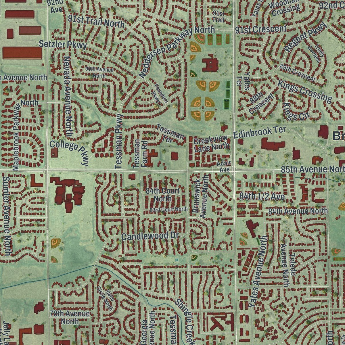 Close-up of the map of Brooklyn Park, Minnesota print showing street and building detail