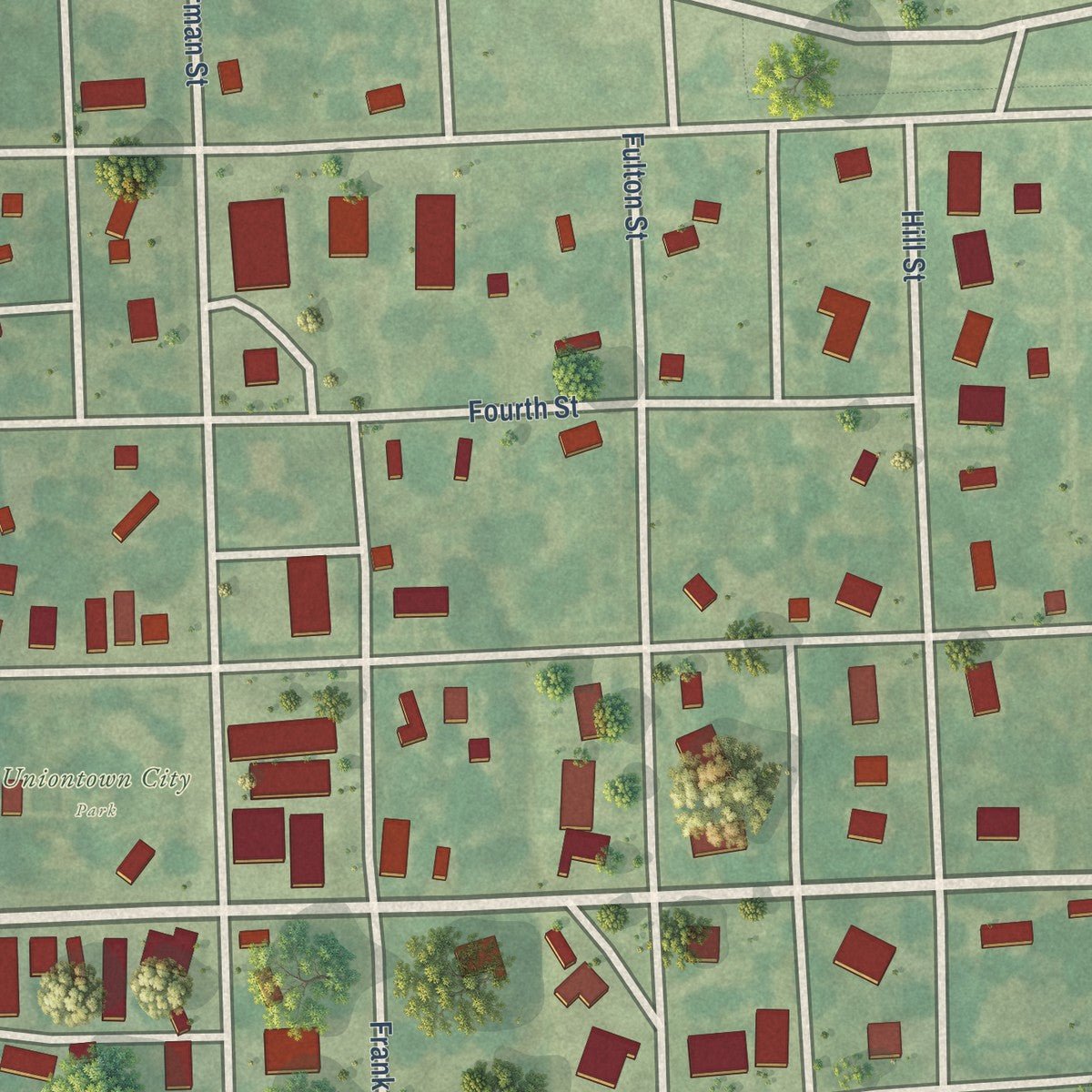 Close-up of the map of Uniontown, Kansas print showing street and building detail