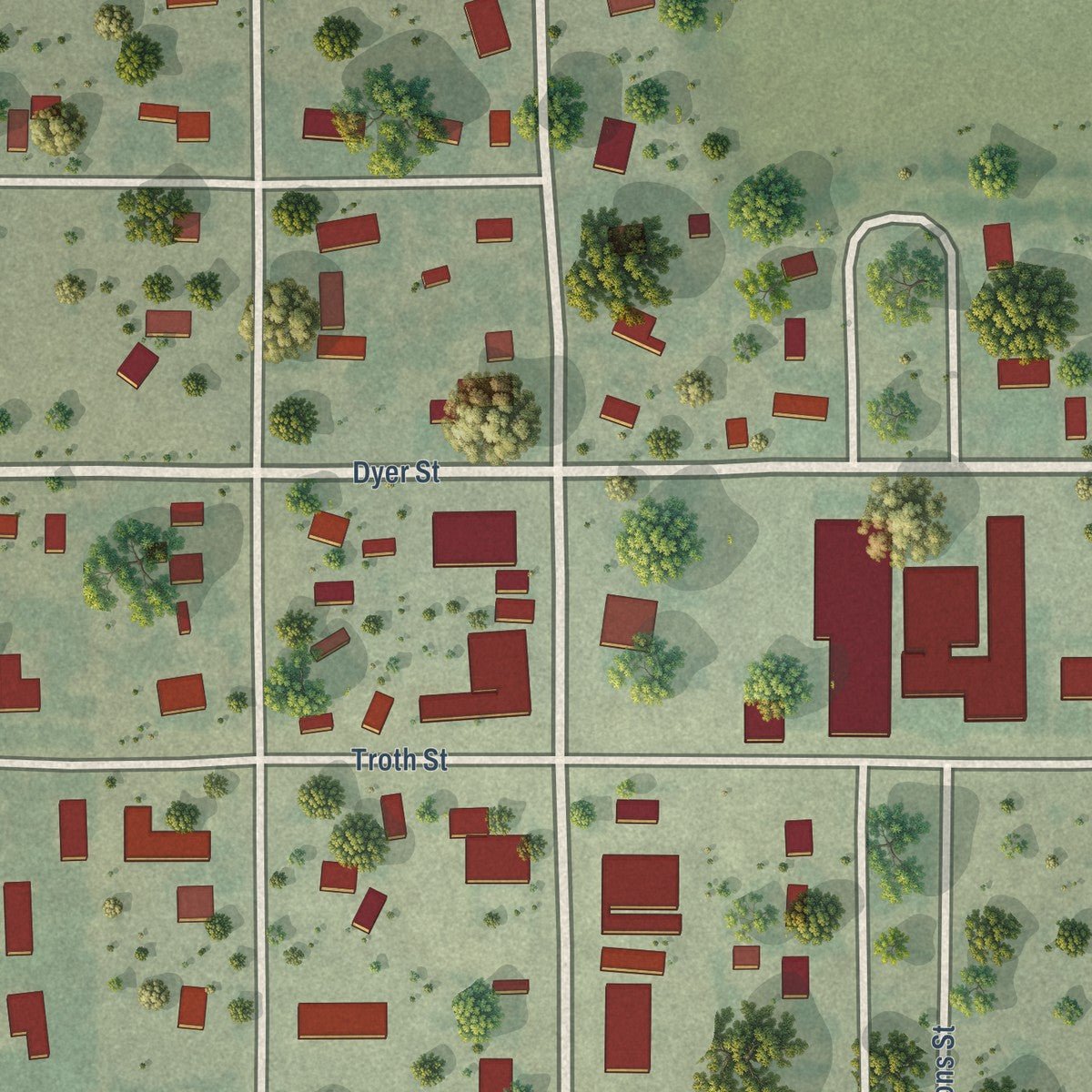 Close-up of the map of Hayes Center, Nebraska print showing street and building detail