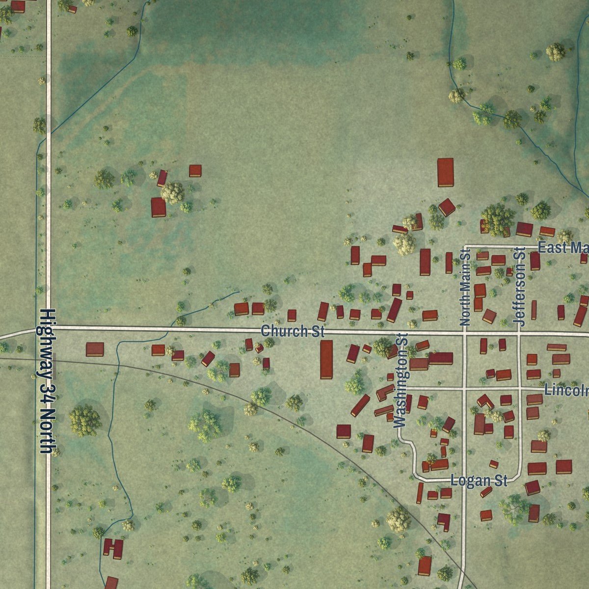 Close-up of the map of Raleigh, Illinois print showing street and building detail