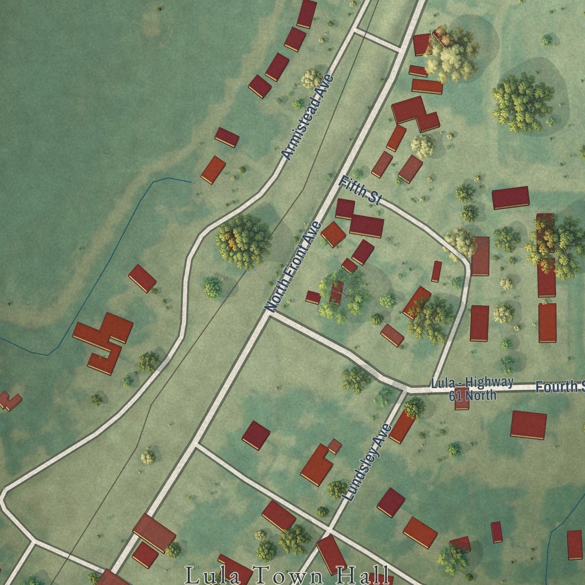 Close-up of the map of Lula, Mississippi print showing street and building detail