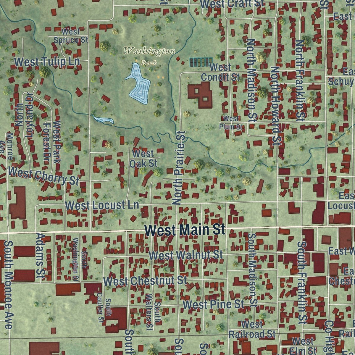 Close-up of the map of Robinson, Illinois print showing street and building detail