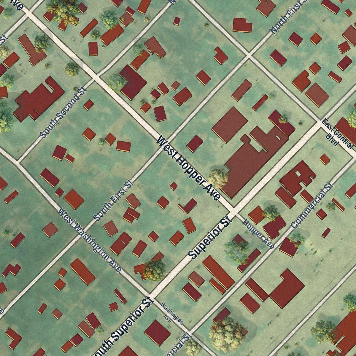 Close-up of the map of Cambridge, Idaho print showing street and building detail