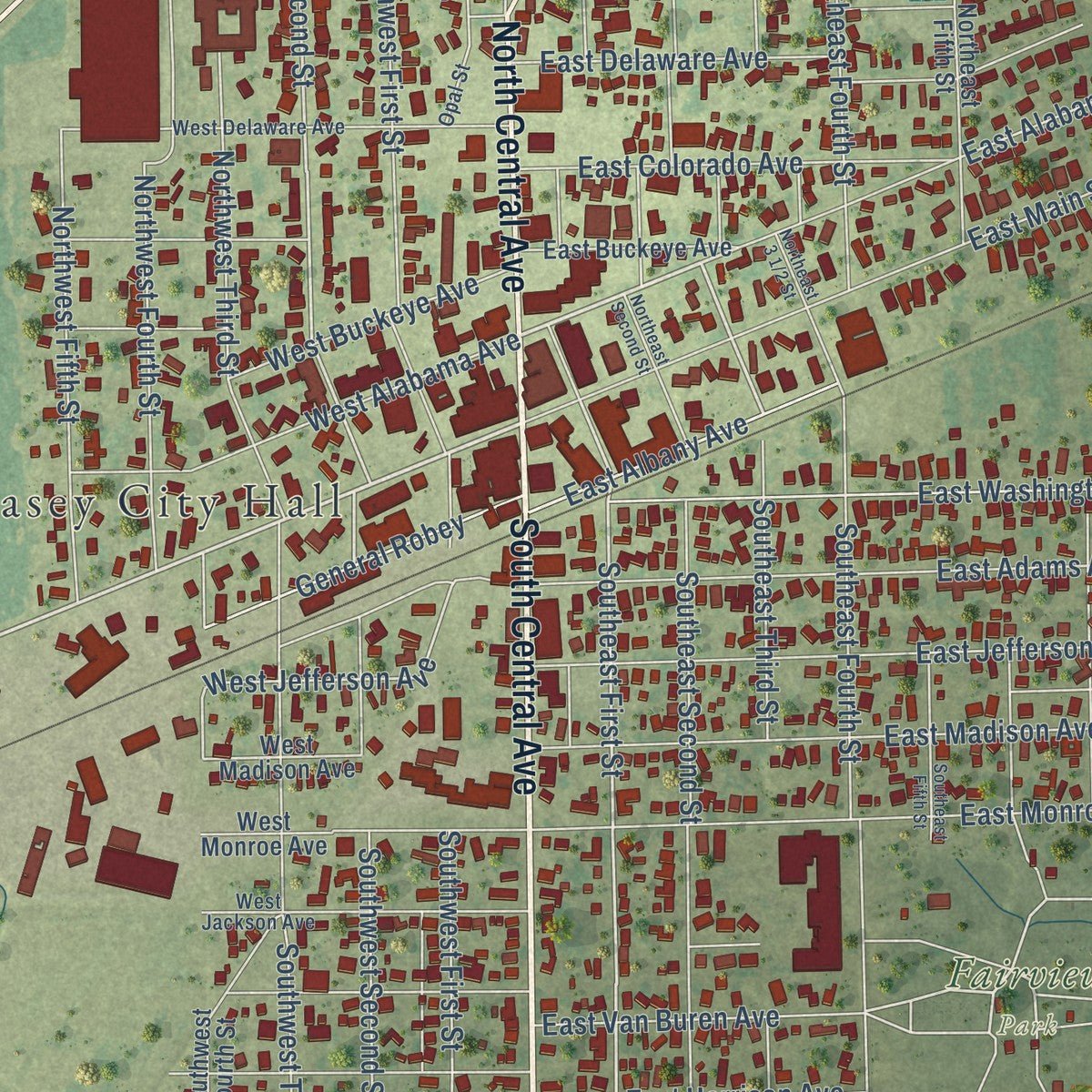 Close-up of the map of Casey, Illinois print showing street and building detail