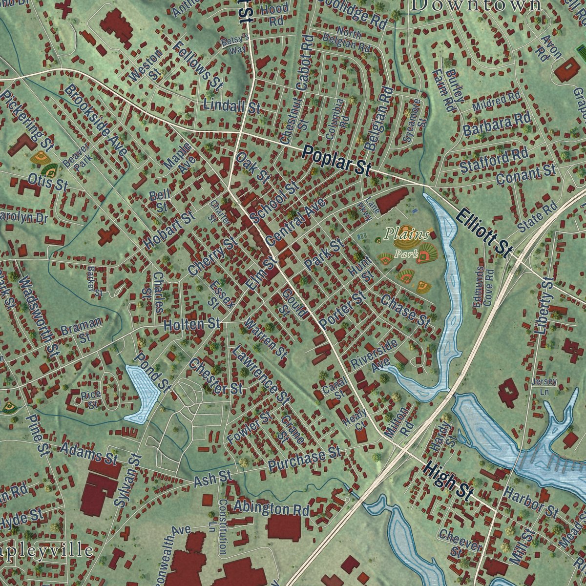 Close-up of the map of Danvers, Massachusetts print showing street and building detail