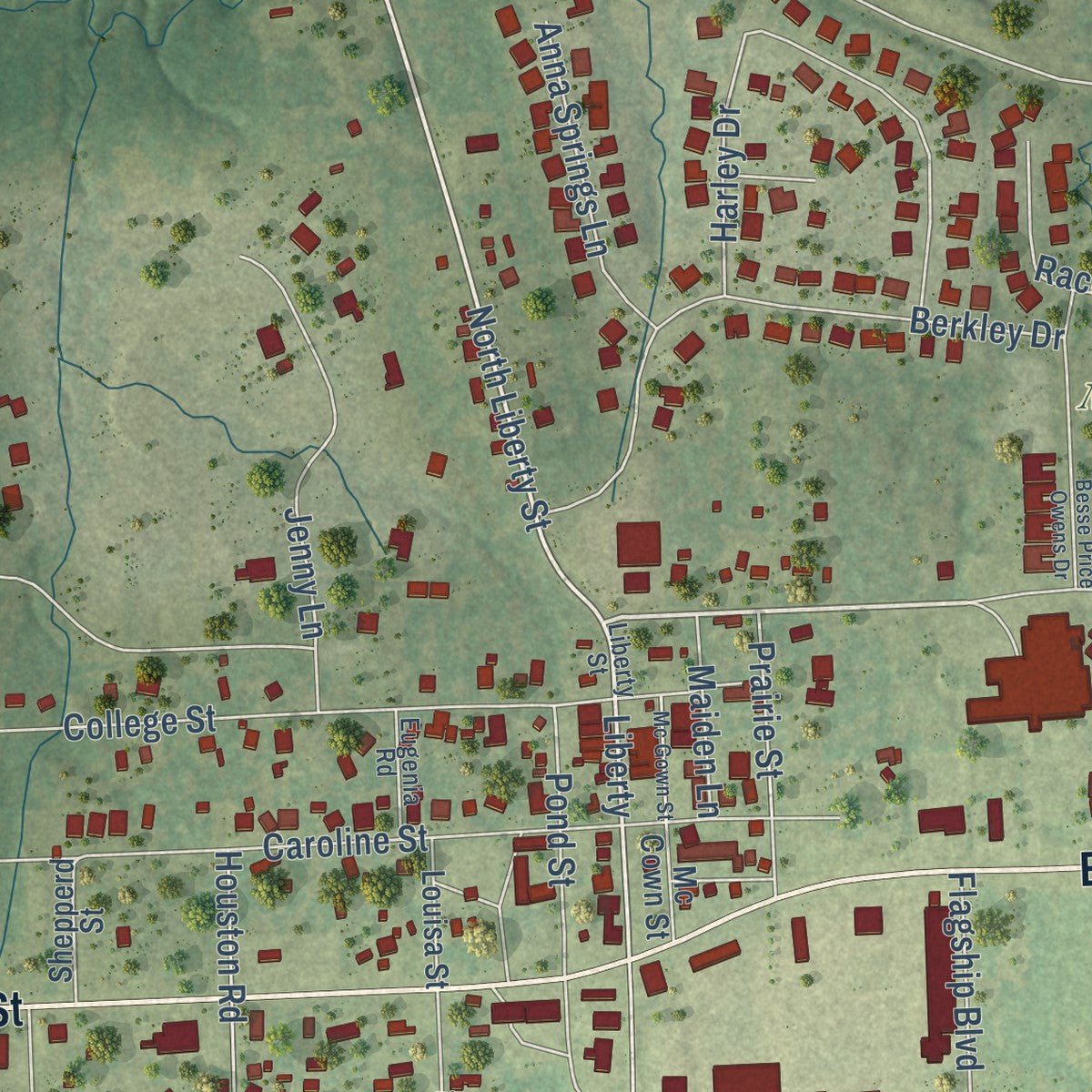 Close-up of the map of Montgomery, Texas print showing street and building detail