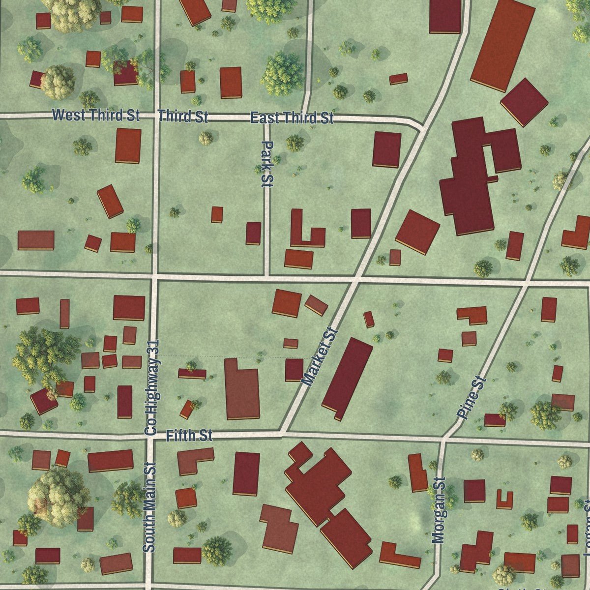 Close-up of the map of Long Point, Illinois print showing street and building detail