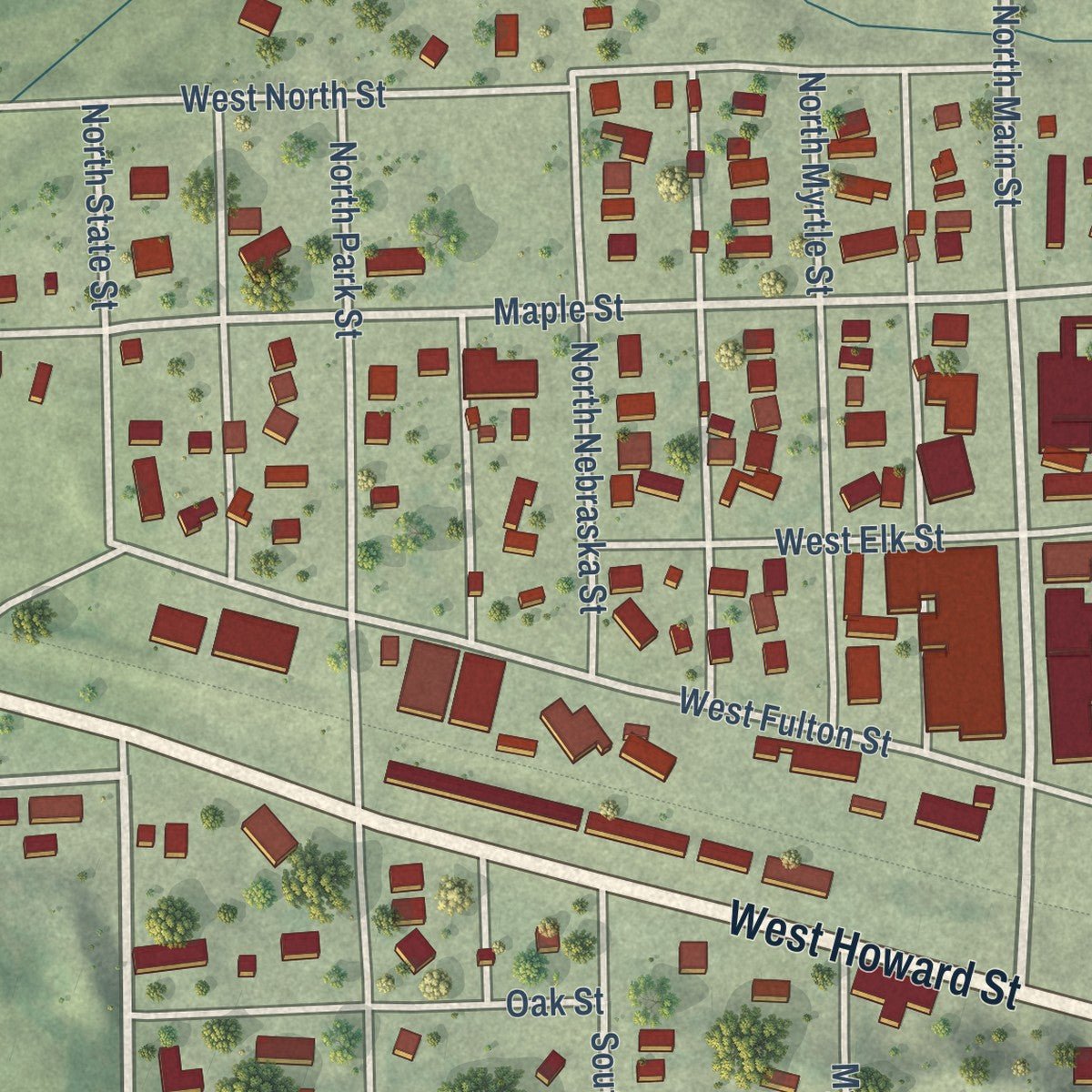 Close-up of the map of Hooper, Nebraska print showing street and building detail