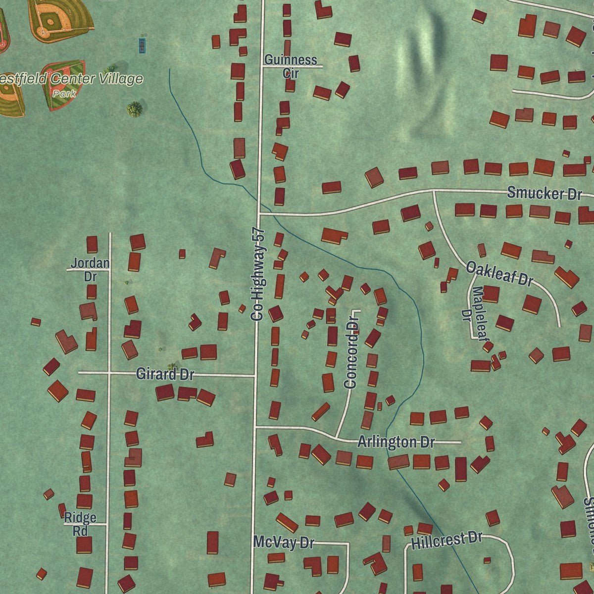 Close-up of the map of Westfield Center, Ohio print showing street and building detail