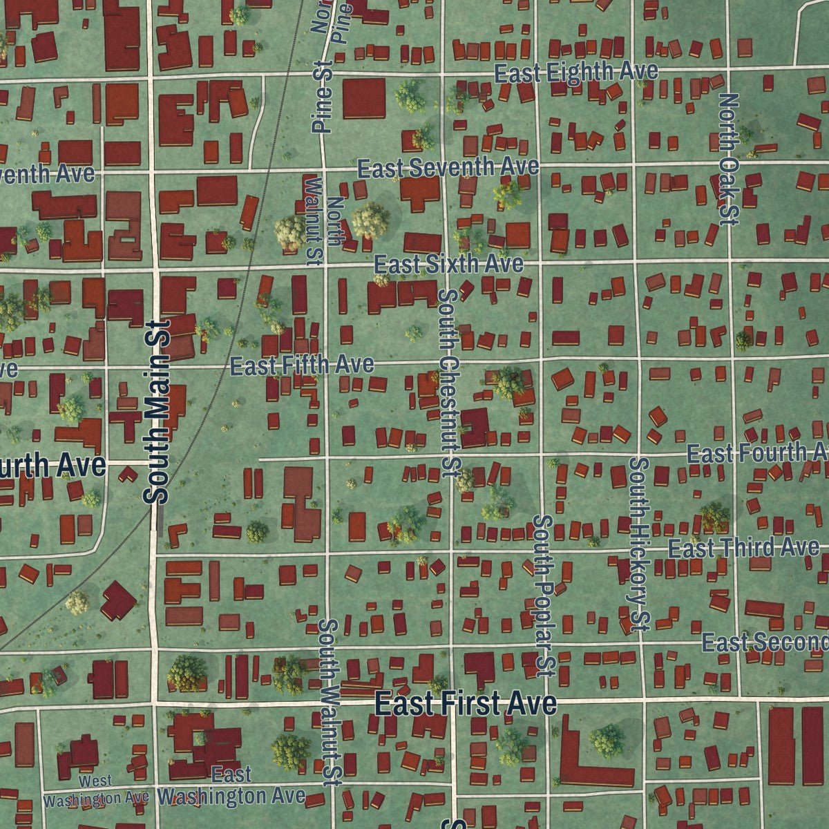Close-up of the map of Bristow, Oklahoma print showing street and building detail