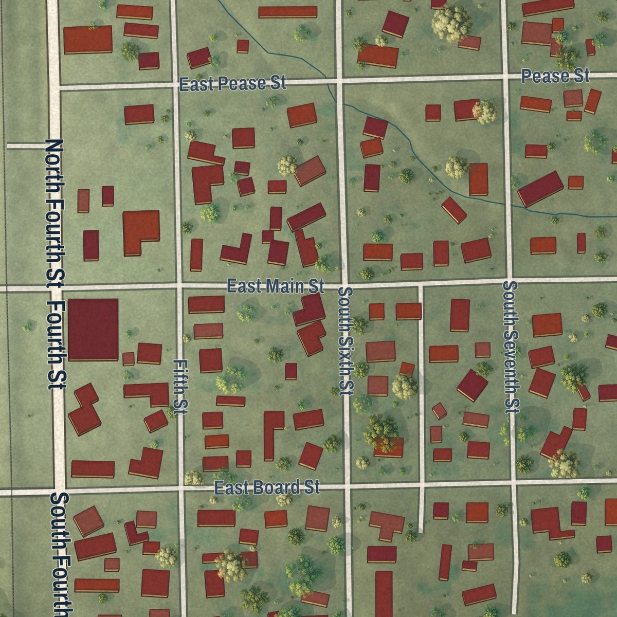 Close-up of the map of Elkville, Illinois print showing street and building detail