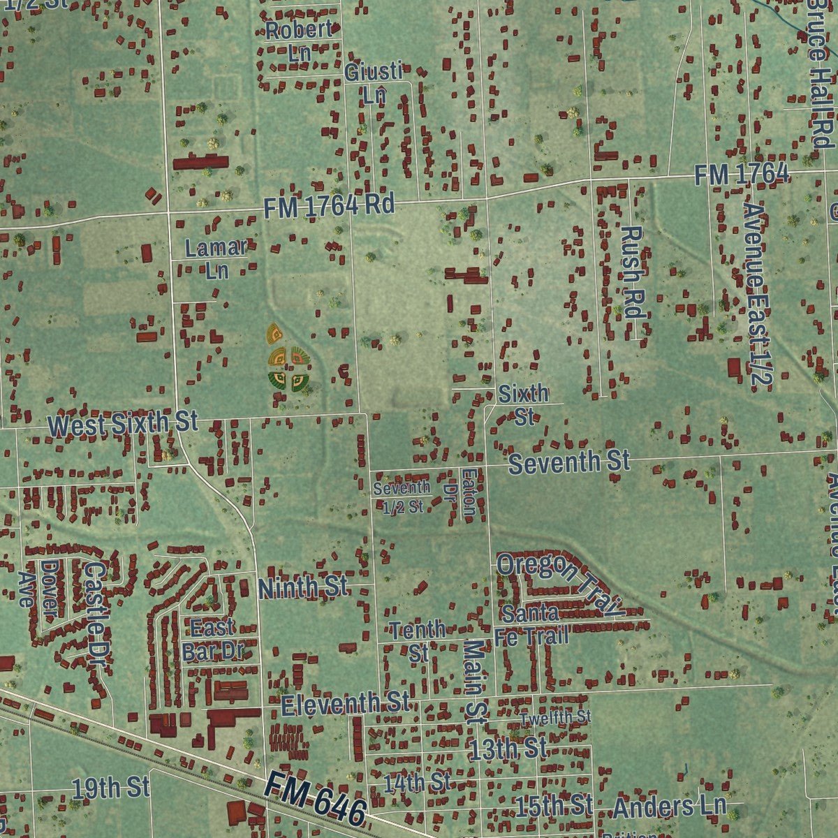 Close-up of the map of Santa Fe, Texas print showing street and building detail