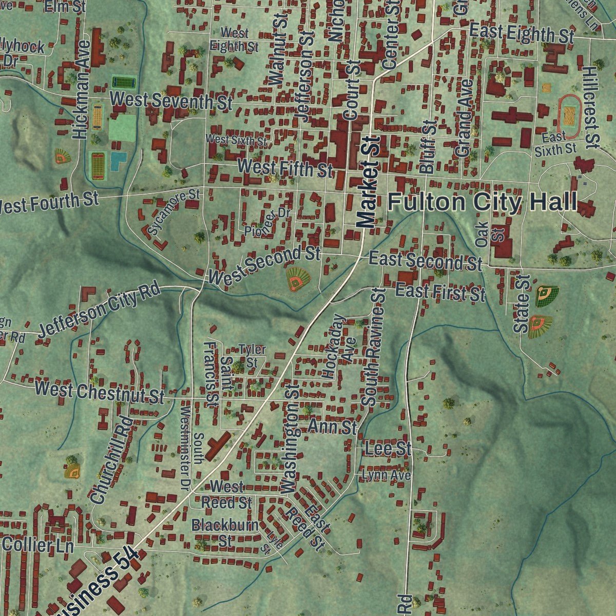 Close-up of the map of Fulton, Missouri print showing street and building detail
