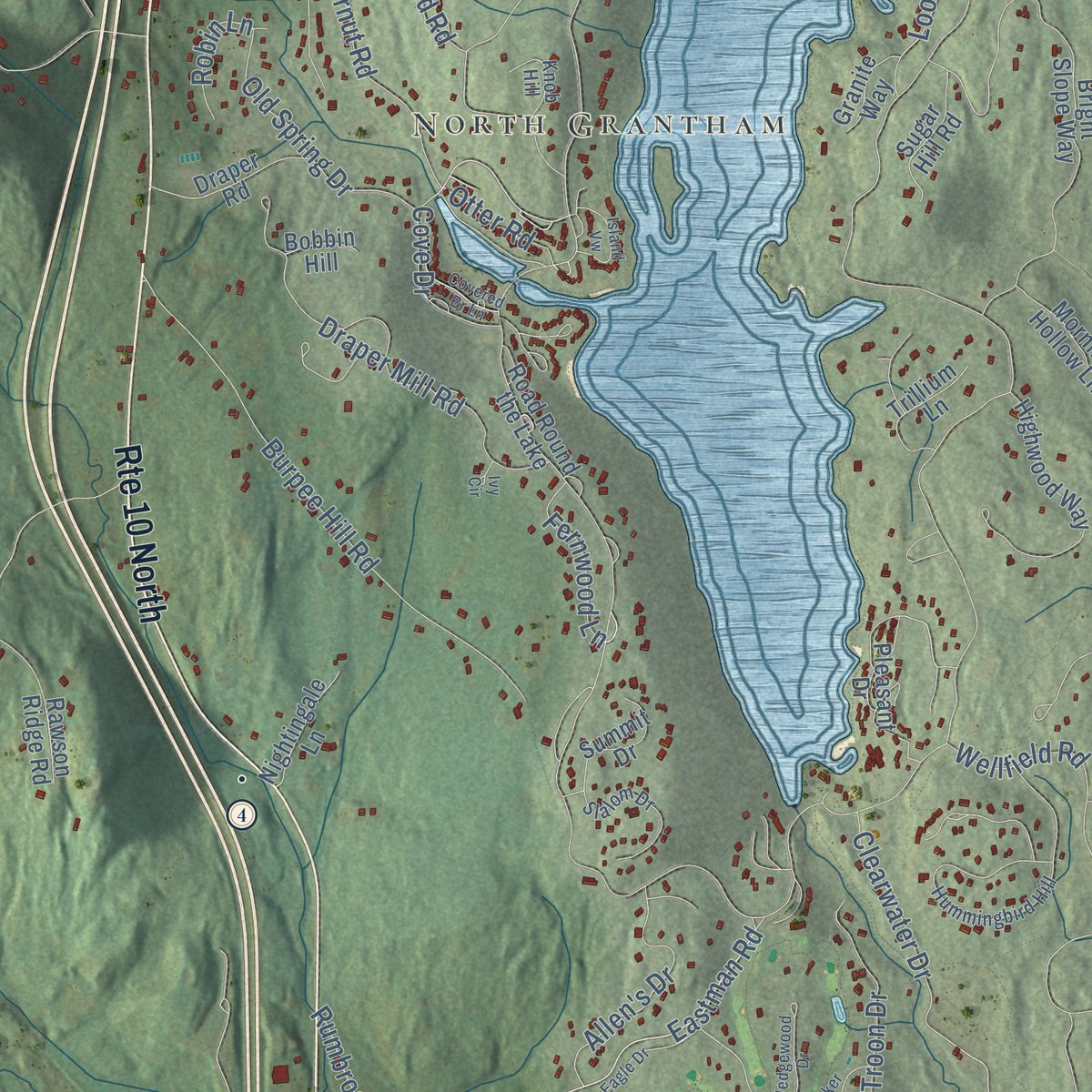 Close-up of the map of Grantham, New Hampshire print showing street and building detail